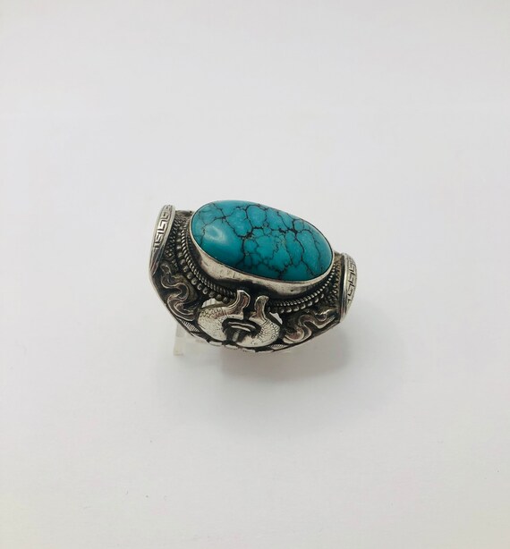 Vintage Sterling Silver Spiderweb Turquoise Ring - image 3