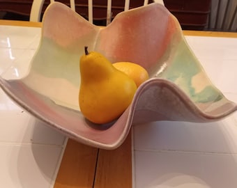 Handmade,signed ceramic art studio pottery,folded drip glazed, fruit bowl centerpiece