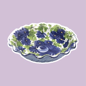 Vintage Italian Ceramic Bowl Hand Painted Flowers Blue Scalloped Edge 1970s 70s 1980s 80s Floral Made in Italy