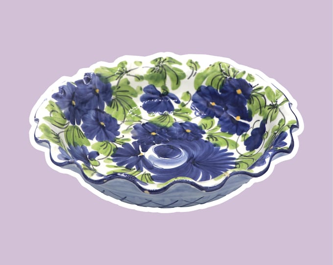 Vintage Italian Ceramic Bowl Hand Painted Flowers Blue Wave Edge 1970s 70s 1980 80s Floral Made in Italy