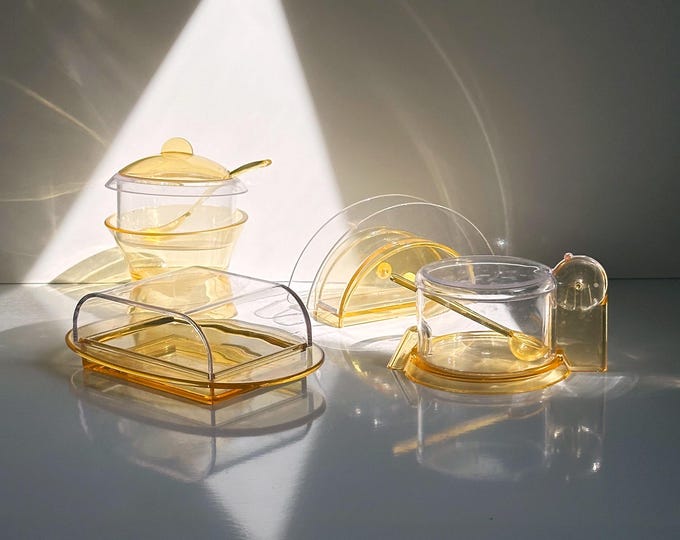 Vintage Guzzini Particolare butter dish napkin holder sugar bowl parmesan jar plastic yellow postmodern plastic 80s