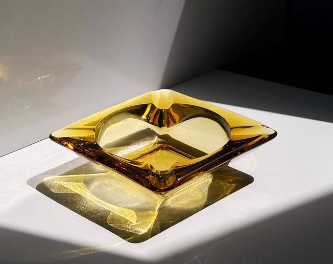 Vintage Glass Bowl Ashtray Amber Yellow Prism Diamond Crystal 80s Postmodern France