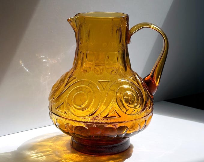 Italian Glass Carafe Yellow MCM Empoli Amber 1970s Pitcher Juice Carafe Water Carafe 1970 70s 70s Brutalist 1960 60s