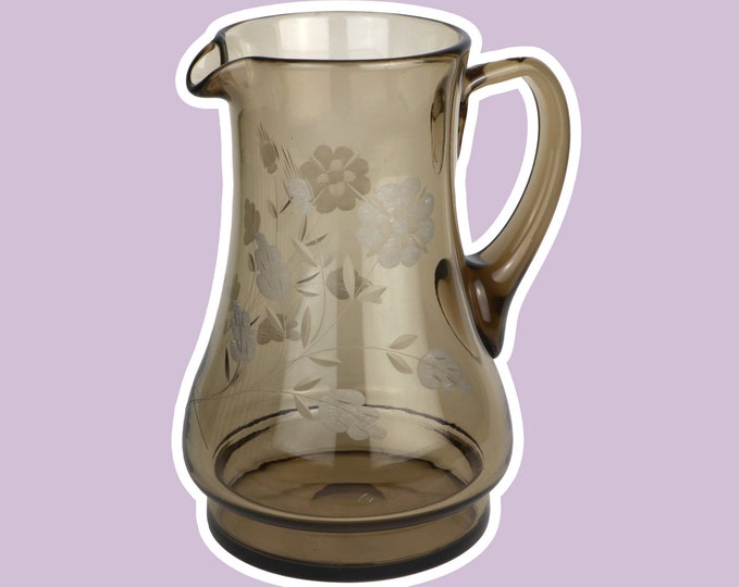 Vintage Carafe Smoked Glass Mid Century Lead Cut Engraving Flowers Floral Modernist Glass Gray Brown Jug Jug 1950s 50s 60s 1960