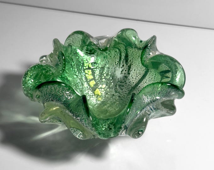 Barovier Toso Murano Ashtray, Silver Leaf, Silver Particles, Mint Green, Flavio Poli Style Glass, Mid-Century Modern, Italy