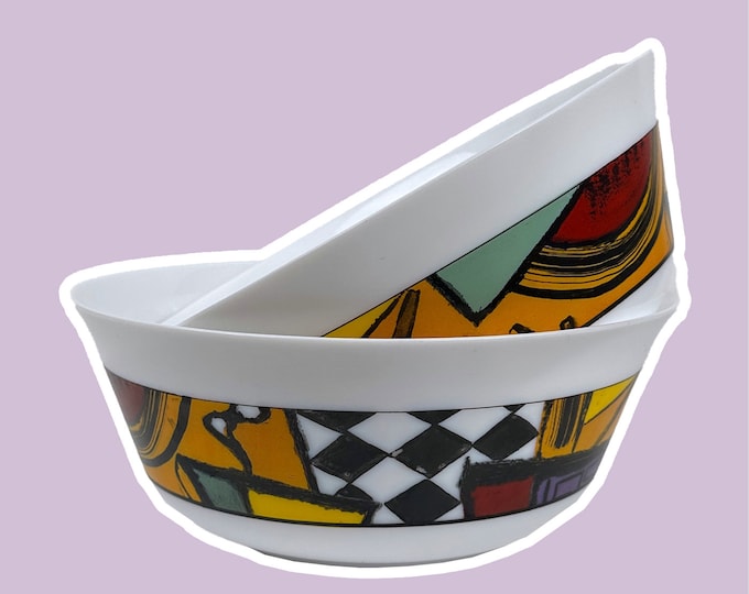 2 Arcopal Bowls Postmodern Pattern Decor France 80s 90s White Arcoroc Luminarc Salad Bowls Bowl Fruit Bowl Frosted Glass Opal Glass