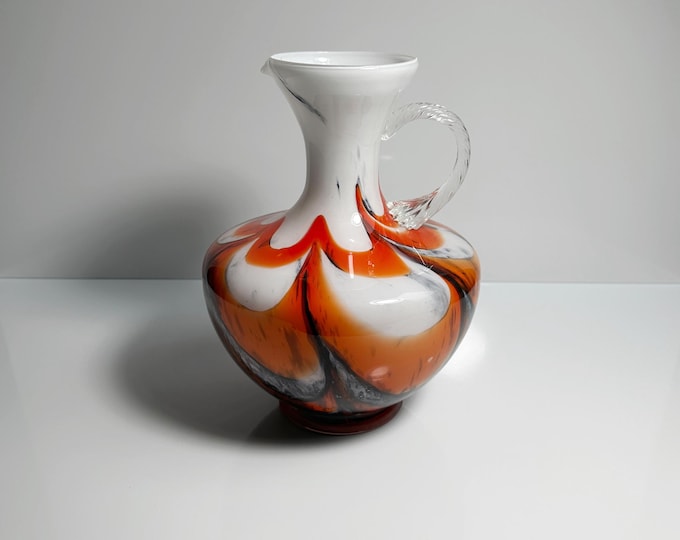 Vintage Opalina Fiorentina Glass Vase Italy 1970s 1960s Opal Milk Handle Murano Carlo Moretti Milk Glass Swirl Mid Century