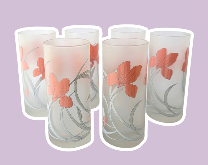 Vintage 6 Italian Drinking Glasses By Cerve Italia Art Deco Revival Flowers Floral Pattern Decor Glass 80s 1980 Matt Satin