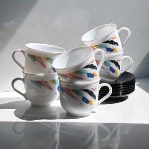 6x Vintage Arcoroc Cup White Colorful France Set 80s 90s Luminarc Octime France
