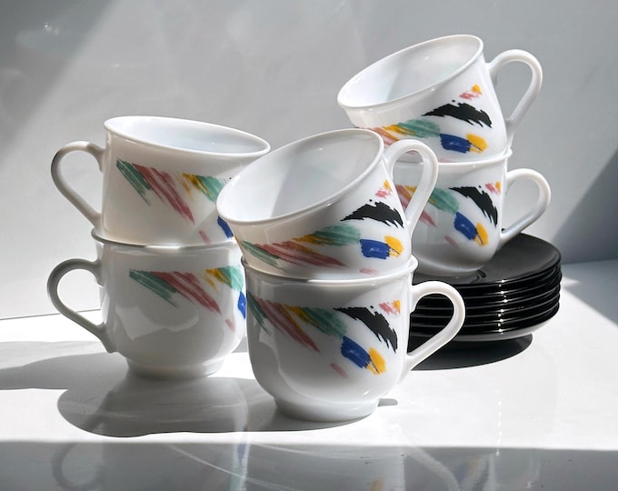 6x Vintage Arcoroc Cup White Colorful France Set 80s 90s Luminarc Octime France