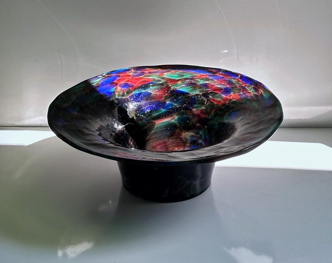 Vintage Bohemian Vase Bowl Red Green Blue Fruit Bowl 1980s Swirl Glass Blue Heavy CZ Space Age Sputnik Galaxy