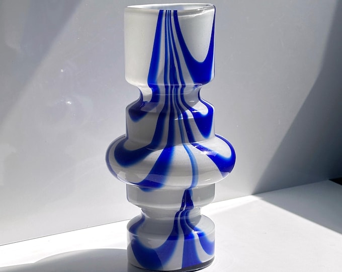 Vintage Carlo Moretti Vase Blue White Opalina Fiorentina Glass Italy 1970s 1960s Swirl Mid Century