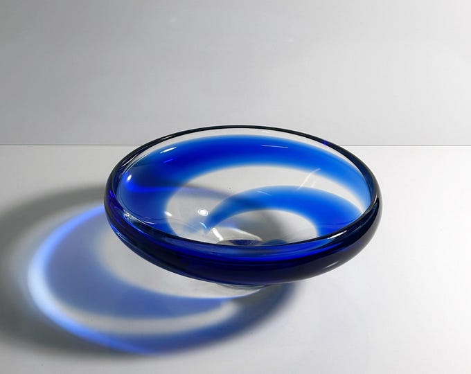 Vintage Heavy Bohemian Glass Bowl Cobalt Blue Swirl Mid Century CZ Ultramarine Blue 70s 1970 80s