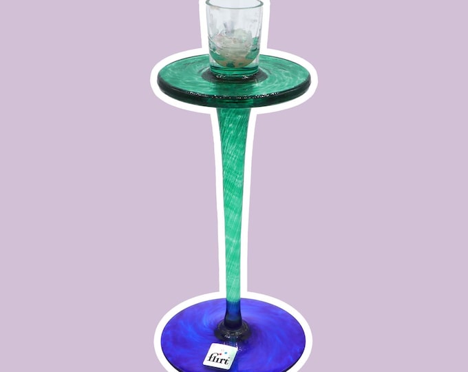 Vintage Glass Candle Holder Flirt Blue Green 80s 90s Memphis Milano Postmodern Candlestick Candlestick Ettore Sottsass