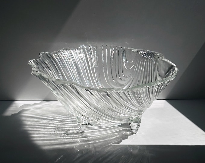 Large glass bowl, shell shape, 1980s Art Deco Revival, 80s/90s crystal bowl, serving bowl, fruit bowl
