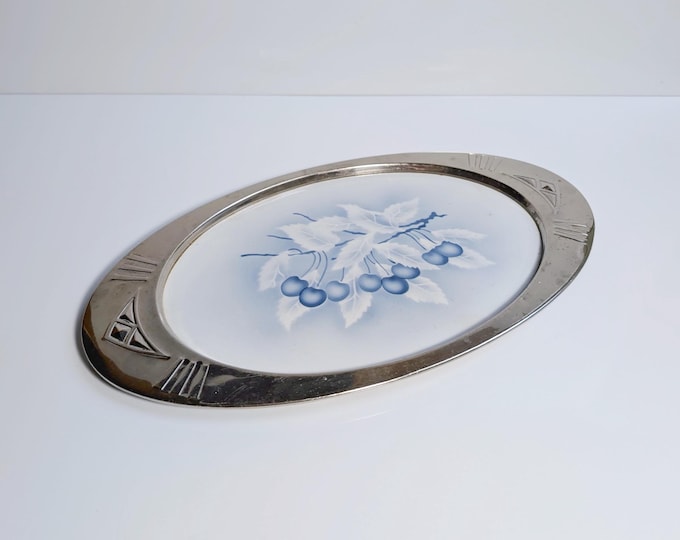 Vintage 20s 30s Art Deco Tray Porcelain Silver Metal Spritz Spray Decoration Fruit Cake Blue Cherries