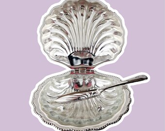 Silver plated shell bowl sugar bowl silver glass shell 80s butter caviar container