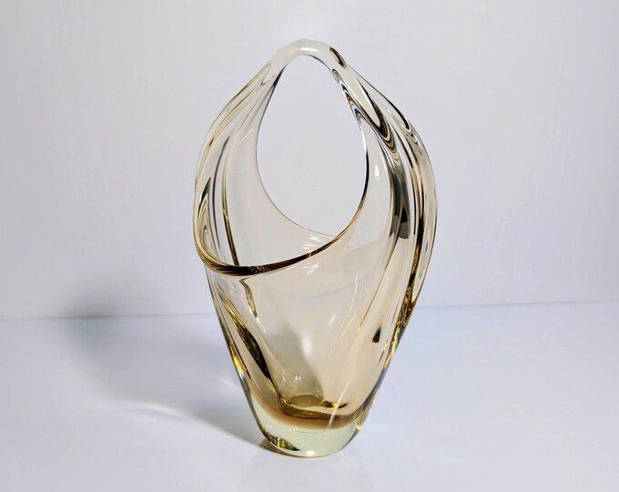 Vintage Yellow Citrine Glass Basket Bowl Basket Vase Bowl Glass Bohemia Miroslav Klinger ZBS Zelezny Brod Sklo CZ 60s 50s Mid Century