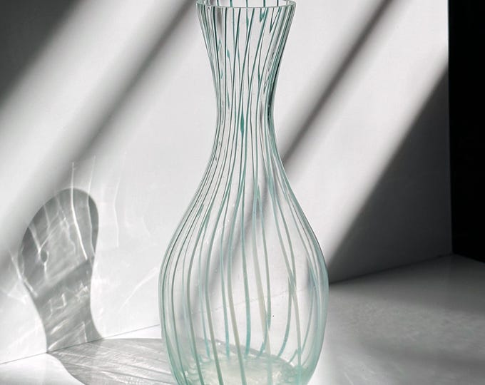 Vintage striped glass decanter carafe / vase Murano Mid Century Mint Green Pastel 50s 70s