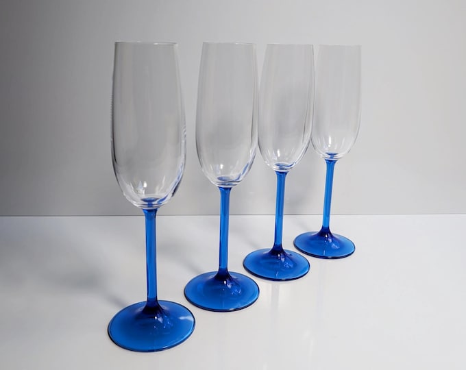 4 Vintage French Champagne Glasses Crystal Glass Blue Luminarc 80s Blue Azure Light Blue Cobalt Ultramarine