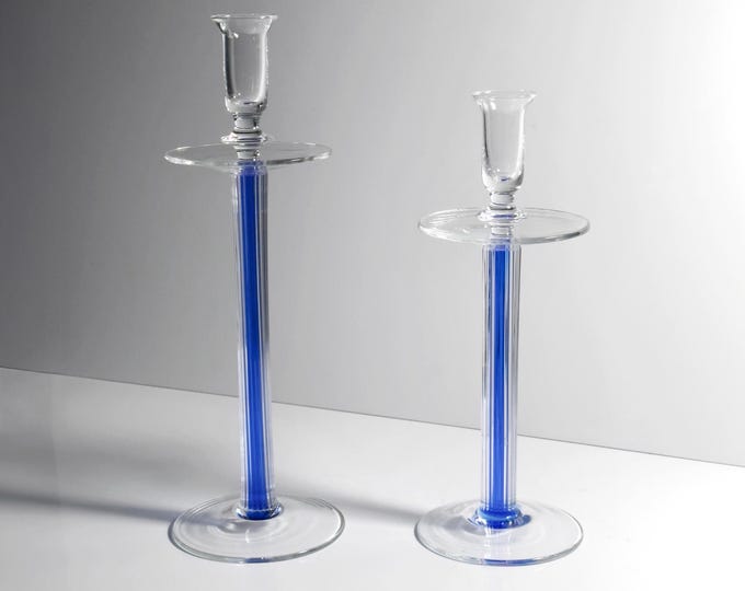 Glass Candlestick Set IVV Italy Postmodern Industria Vetraria Valdarnese Ultramarine Blue 80s 90s Memphis Milano