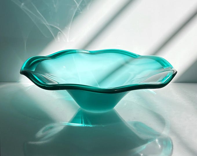 Large Vintage Murano Fruit Bowl Opalina Turquoise Sommerso Barovier Toso Mint Green Bubbles Italy 80s 1980s