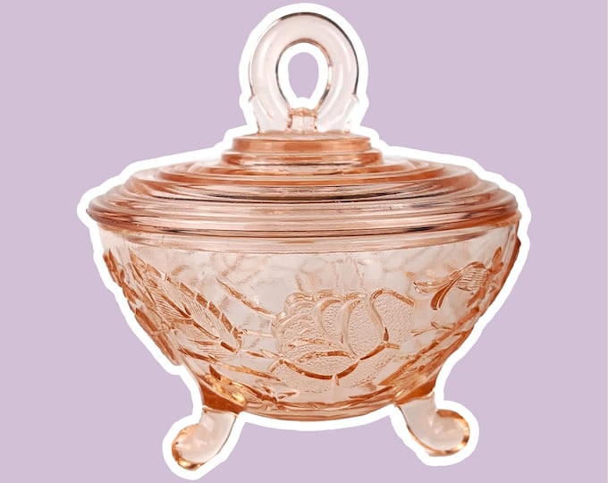 Art Deco Rosalin Glass Bonboniere Lidded Pink Pressed Glass Floral Flowers 30s