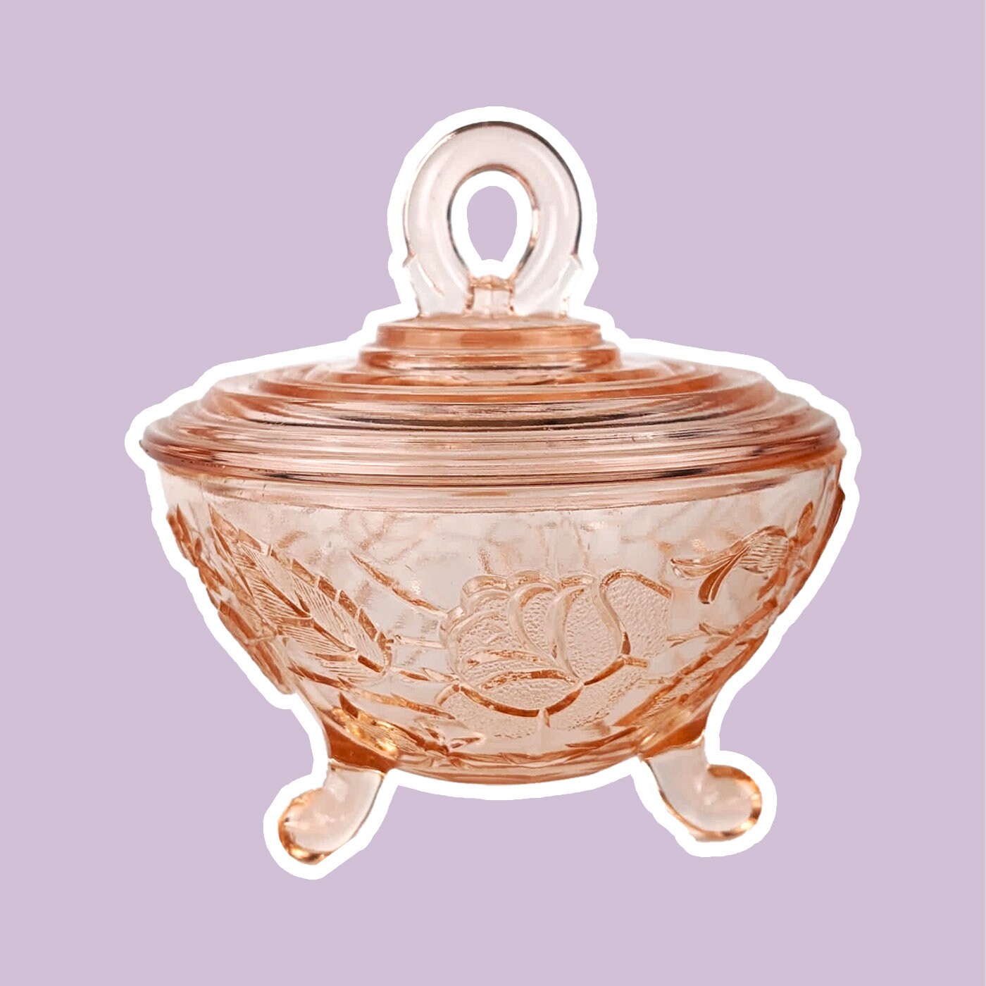 Bonboniere de vidrio Art Déco Rosalin con tapa de vidrio prensado rosa flores florales años 30