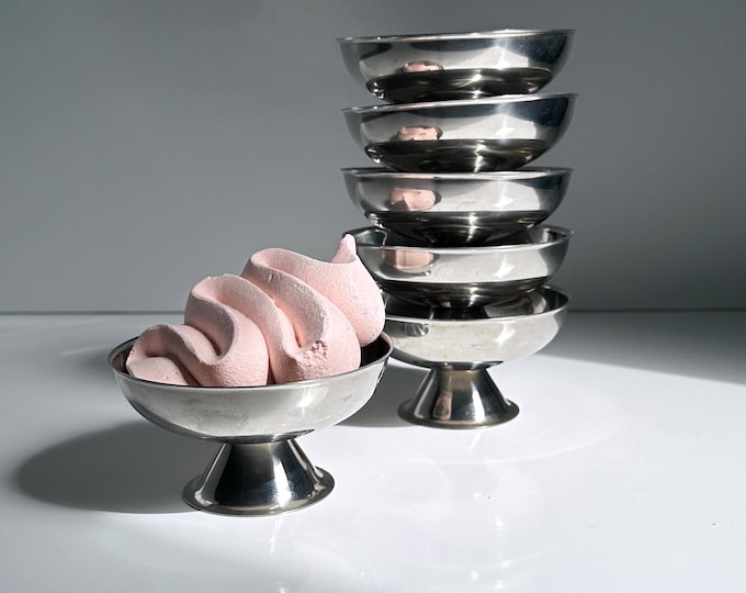 6x Italian dessert bowls round flat ice cream bowls Inox metal saucers plates cups glass 80s gelato cup footed bowl