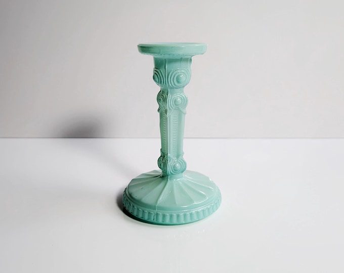 Vintage Art Deco Revival Glass Candlestick Candle Holder Mint Green Pastel Turquoise 80s 1980 80s Floral Matt