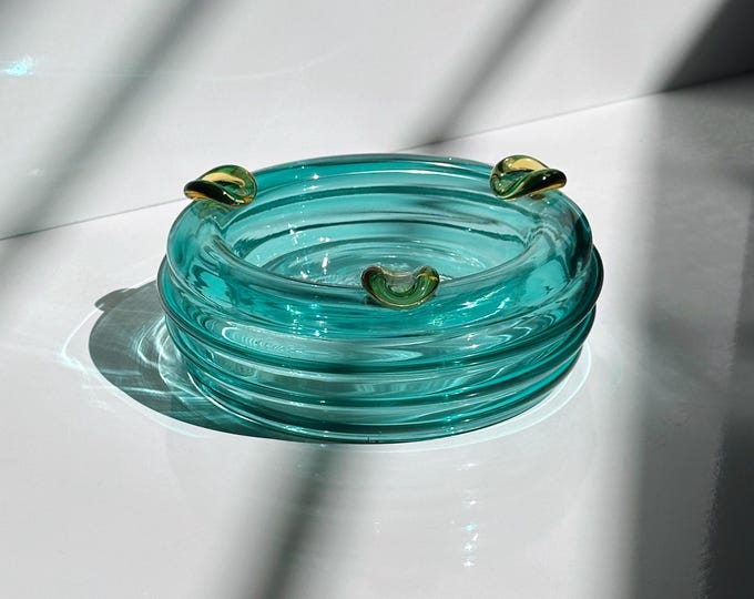 Italian Glass Ashtray / Vide Poche Turquoise Green 80s Postmodern Murano Style Italy 1980 Vintage