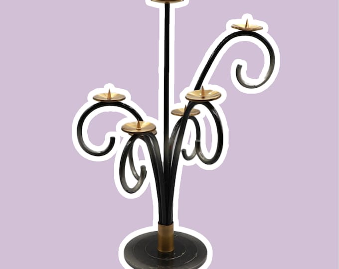 Large Mid Century vintage metal candle holder brass 7 pieces gold black brass candlestick Old Hollywood Regency style 70s 1970