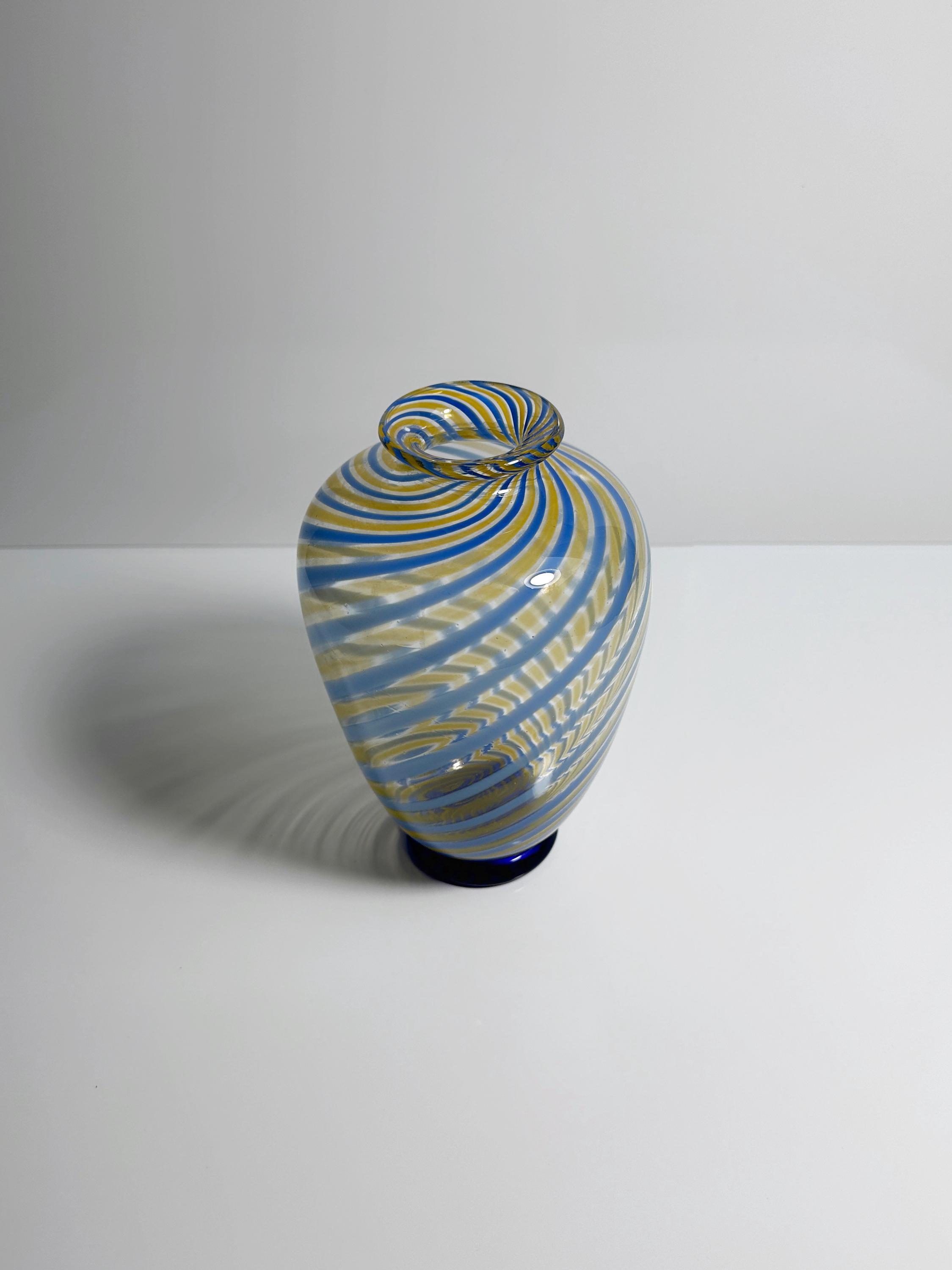 Vintage Murano Swirl Vase Fratelli Toso Blue Yellow Glass