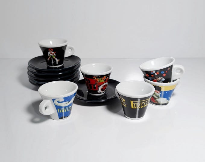 6x Pirelli Limited Edition Espresso Cup Set 80s 90s Clown Harlequin Pierrot Espresso Cups Italy