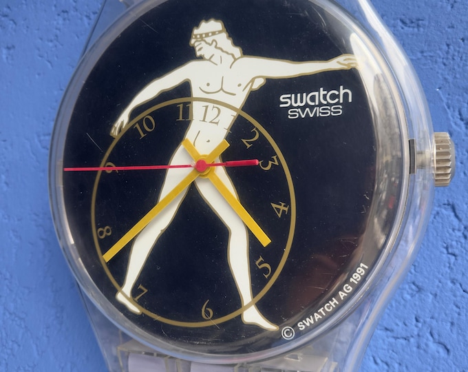 Vintage XXL wall clock Swatch Greek Olympic "Discobolus 1992" wristwatch Memphis Milano Postmodern wall clock