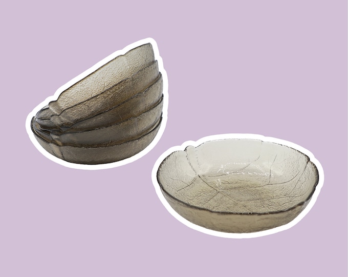 6 Vintage Glass Cabbage Leaf Bowls Luminarc Aspen Gray Smoked Glass Green 1980 80s Floral Plate Bowls Dessert Arcoroc