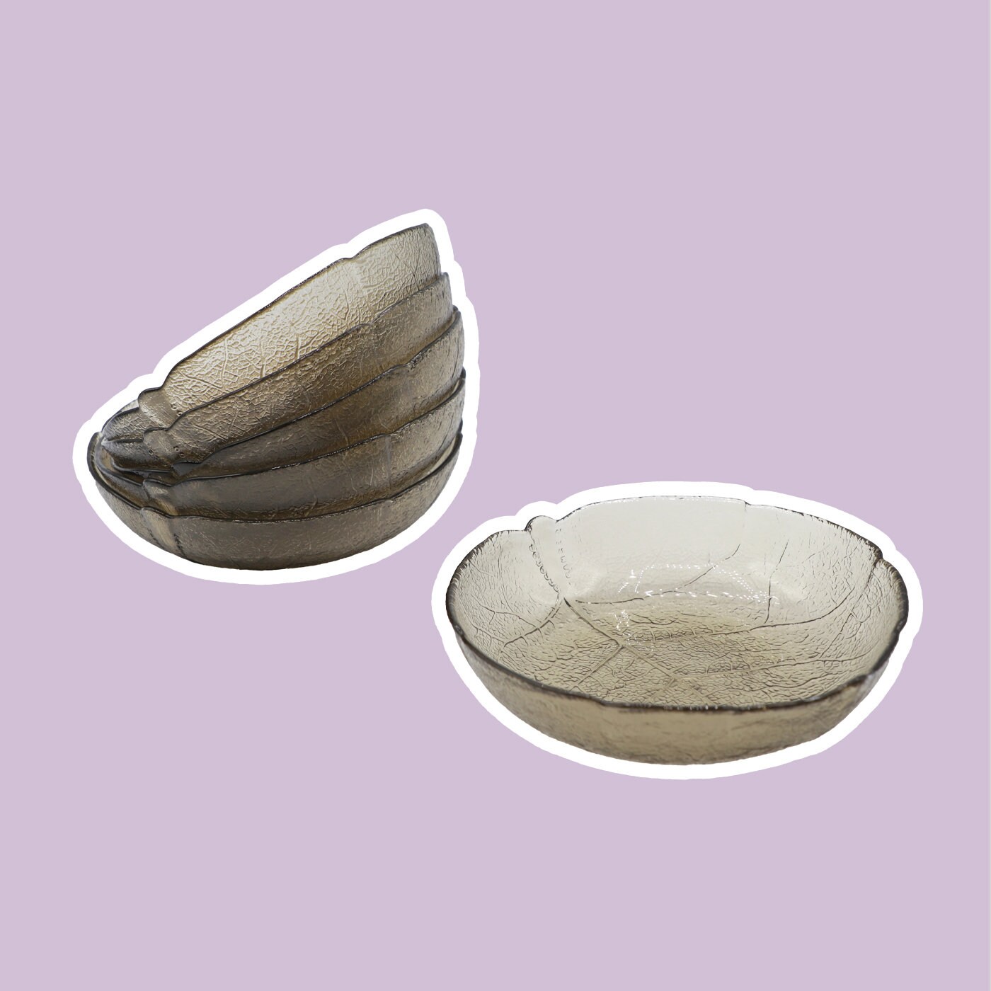 6 Vintage Glass Cabbage Leaf Bowls Luminarc Aspen Gray Smoked Glass Green 1980 80s Floral Plate Bowls Dessert Arcoroc