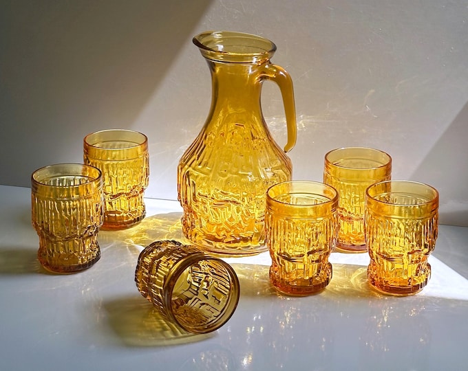 Italian glass carafe set drinking glasses yellow 1970s jug juice carafe water carafe 1970 70s 70s Brutalist 1960 60s