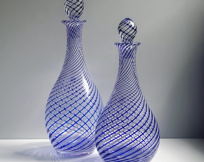 Bottle Set Pasabahce Crystal Glass Decanter Carafe Swirl Thread Glass Vase Cobalt Blue Bulbul Turkish Mid Century White