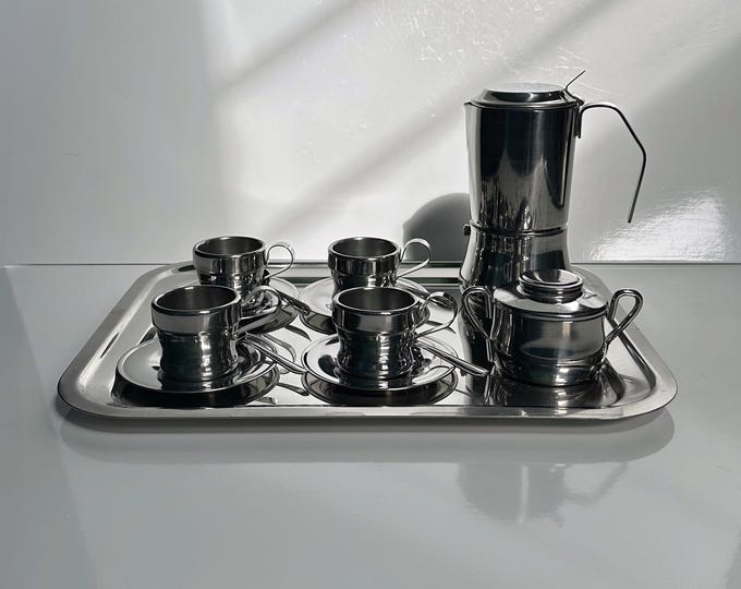 Inox stainless steel espresso set cup pot tray espresso maker metal Italy coffee 12 people