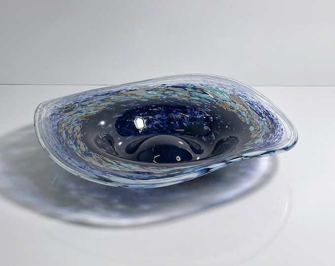 Vintage Bohemian Vase Bowl Fruit Bowl 1980s Swirl Glass Blue Heavy CZ Space Age Sputnik Galaxy