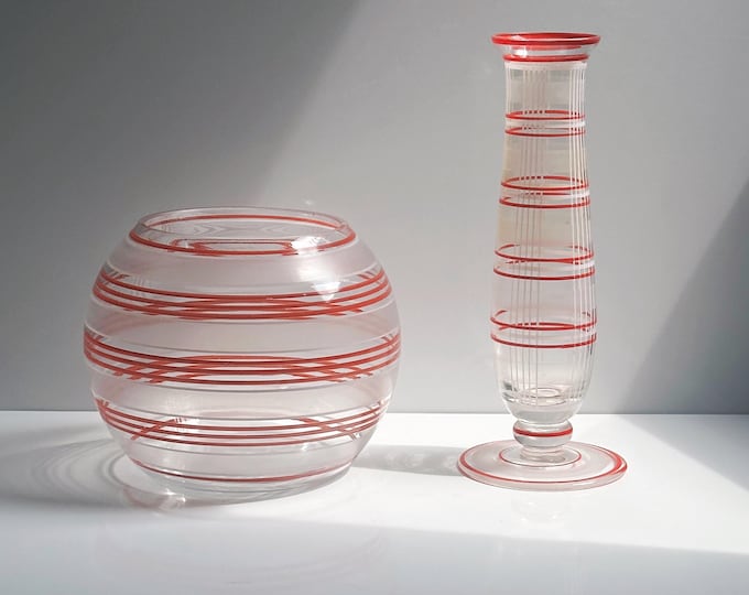 Vintage Bauhaus vase set glass stripe decor 20s 30s Art Deco vase hand-painted red orange white Lausitzer Loetz 1920s / 1930s