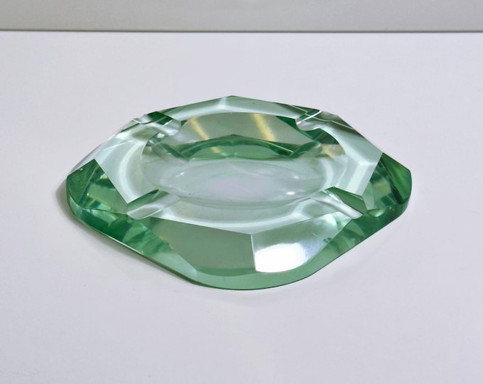 Vintage crystal glass ashtray Fontana turquoise mint green prism diamond Italy 1950s Mid Century