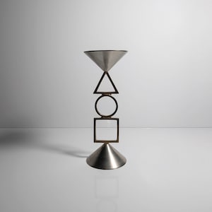 vintage Postmodern metal candle holder silver geometric symbols 80s 90s Memphis Milano Postmodern candlestick candlestick