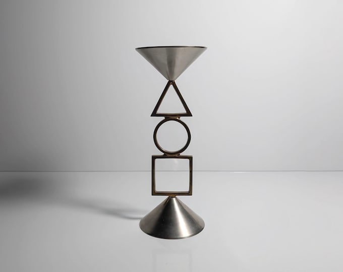 vintage Postmodern metal candle holder silver geometric symbols 80s 90s Memphis Milano Postmodern candlestick candlestick