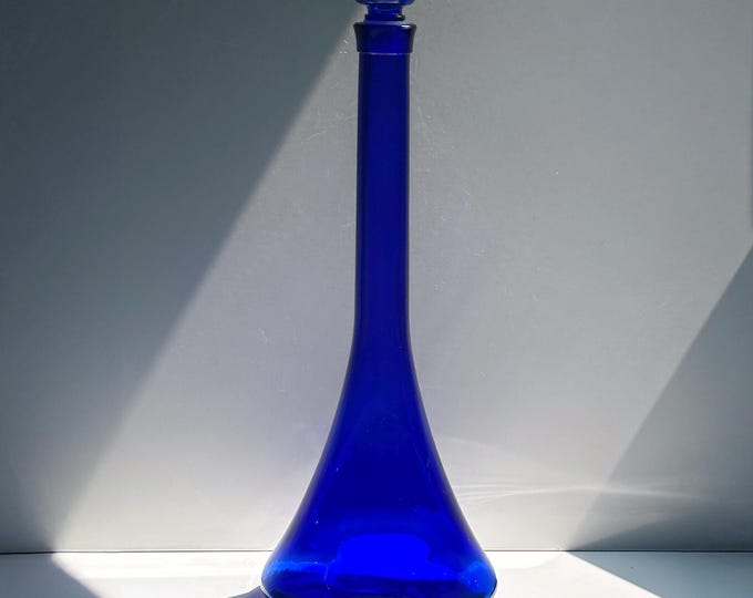 Cobalt Blue Decanter Vintage 80s 90s Ultramarine Blue Postmodern Art Deco Revival Carafe Stopper Vase