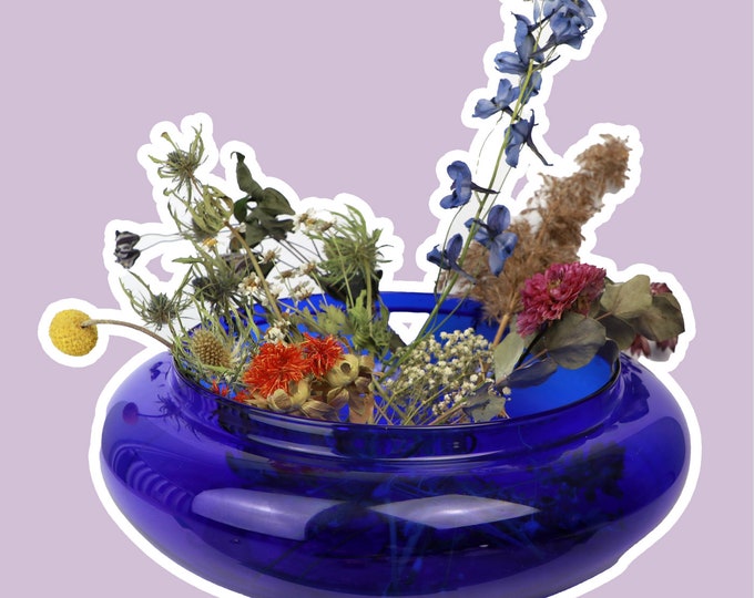 Large Vintage 90s 80s Cobalt Blue Glass Vase Bowl Circle Round Ball Flower Vase Lantern Y2K