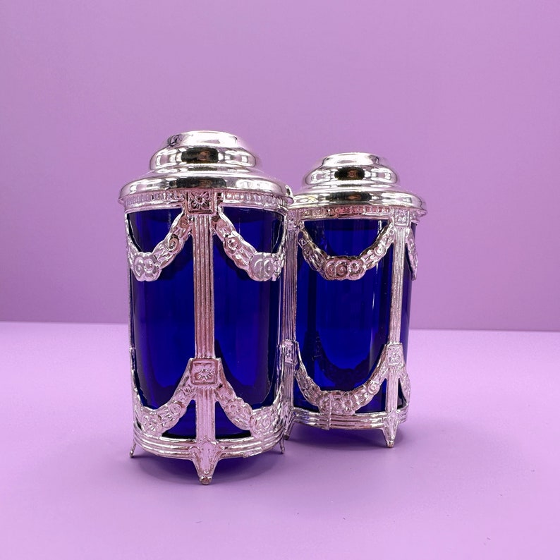 Vintage Salt Pepper Shaker Cobalt Blue Glass 80s Silver Silver Plated
