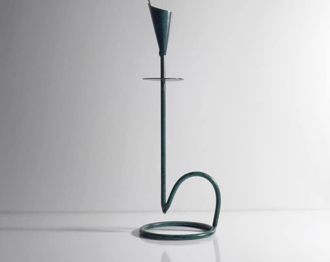 90s turquoise candlestick, postmodern metal, green-chip decor