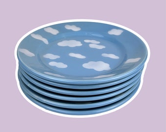 6x Kuchen Teller Wolken Motiv 80er Frühstücks Set Keramik Himmel 1980 80s Himmelblau Kawaii Veilchen Flieder